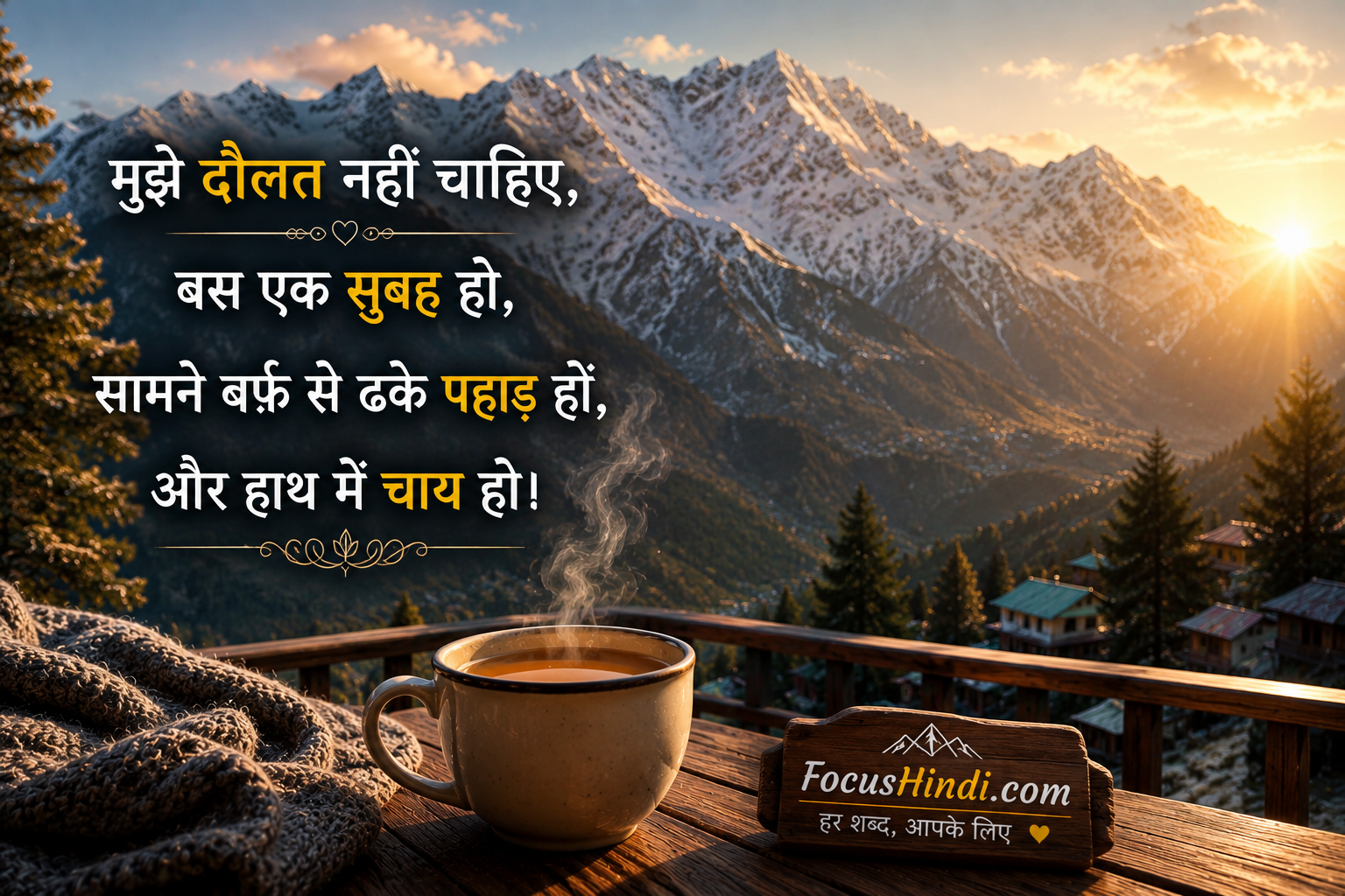 बर्फ़ से ढके पहाड़, हाथ में चाय और खूबसूरत सुबह पर हिंदी पहाड़ों वाली शायरी