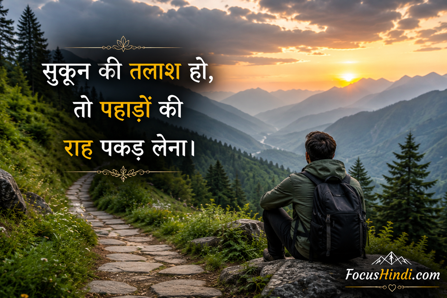 प्राकृतिक पहाड़ों के बीच शांत रास्ते पर आधारित खूबसूरत हिंदी पहाड़ों वाली शायरी – सुकून की तलाश हो, तो पहाड़ों की राह पकड़ लेना।