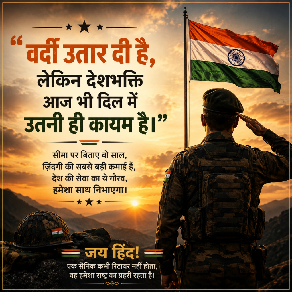 भारतीय सेना के रिटायर सैनिक की तिरंगे को सलामी देते हुए प्रेरणादायक Army Retirement Quote in Hindi वाली तस्वीर।