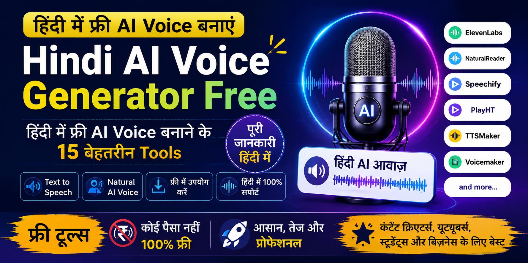 Hindi AI Voice Generator Free बैनर जिसमें हिंदी में मुफ्त AI Voice बनाने के 15 बेहतरीन Text to Speech और AI Voice Tools दिखाए गए हैं।