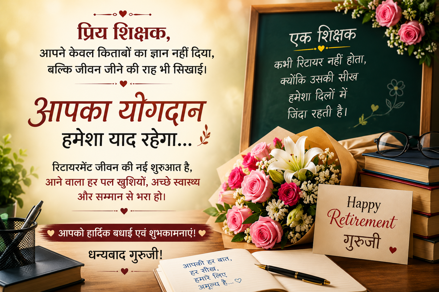 Retirement Wishes for Teacher in Hindi के साथ शिक्षक के रिटायरमेंट पर भावुक शुभकामना संदेश, फूलों का गुलदस्ता, ब्लैकबोर्ड और किताबों वाली ब्लॉग इमेज।